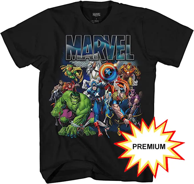 Marvel Avengers Adult Graphic T-Shirt Featuring Captain America, Thor, Hulk, Iron Man and More, for Men (Premium Black) 195566443580