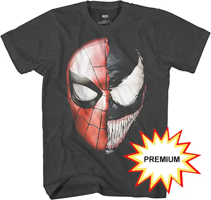 Marvel Venom Spider-Man Spidey Faces Adult Men's Graphic T-Shirt (Premium Charcoal Heather) 191685646437