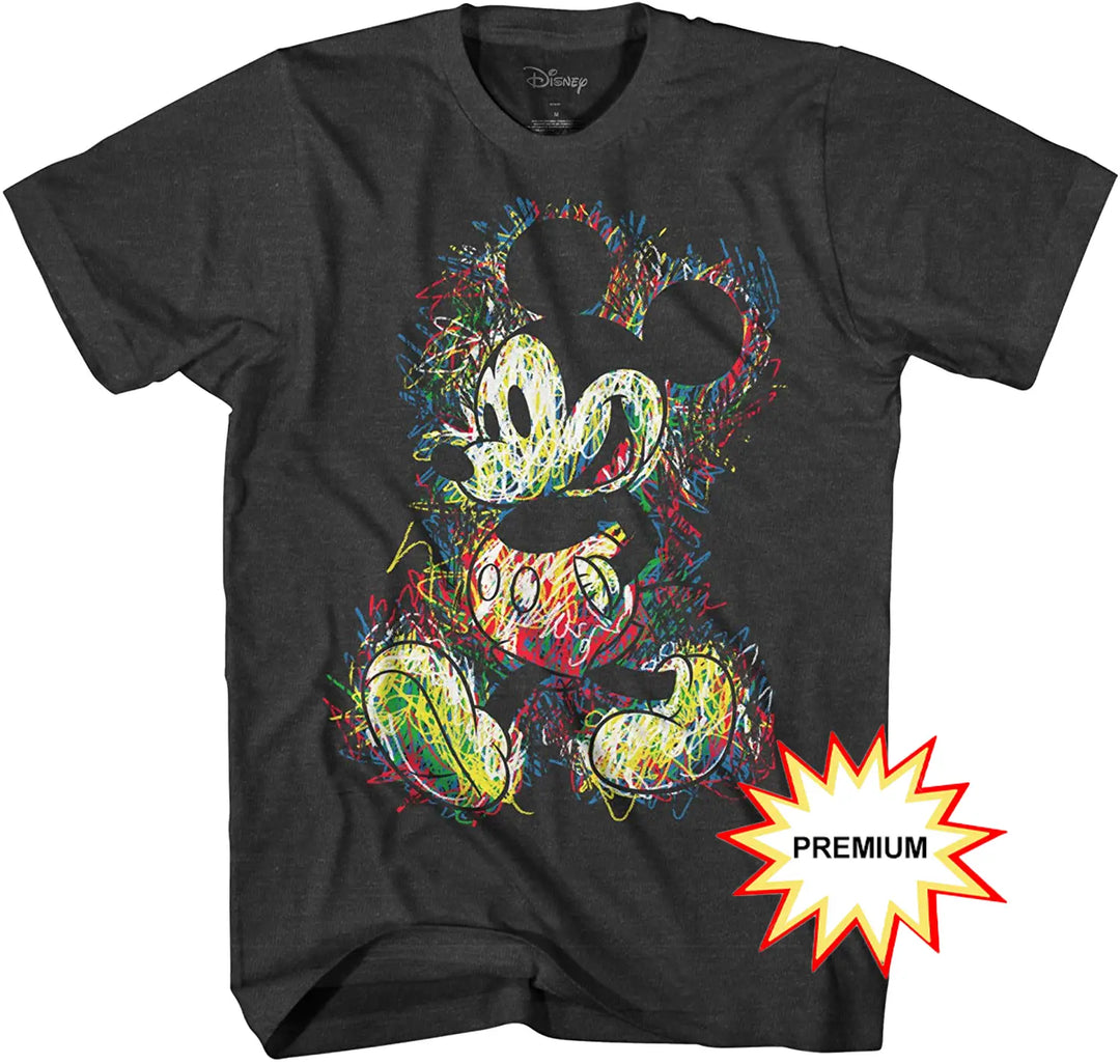 Disney Mickey Mouse Mickey Scribbles Design Men's Adult Graphic T-Shirt (Premium Charcoal Heather) 191685757317
